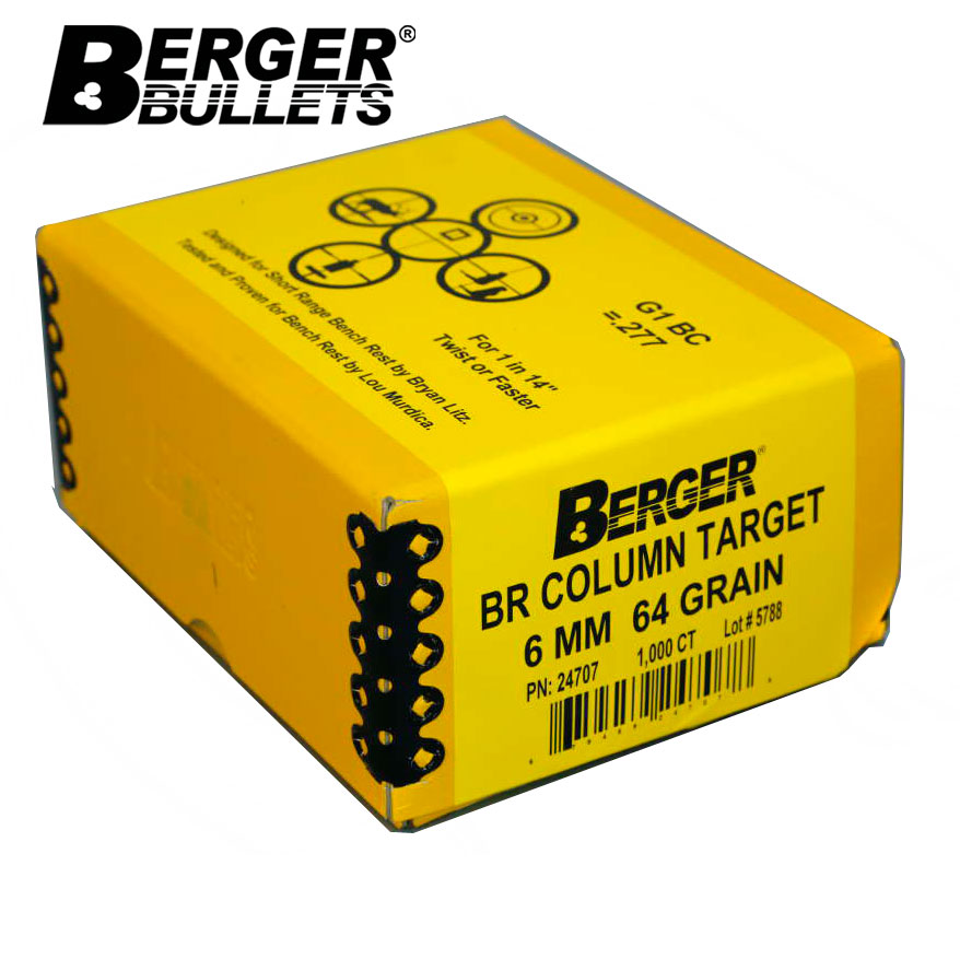 Berger 24707 Bullets 243 Cal 6mm Dia 64 Gr Target BR Column HPFB 1000 Ct